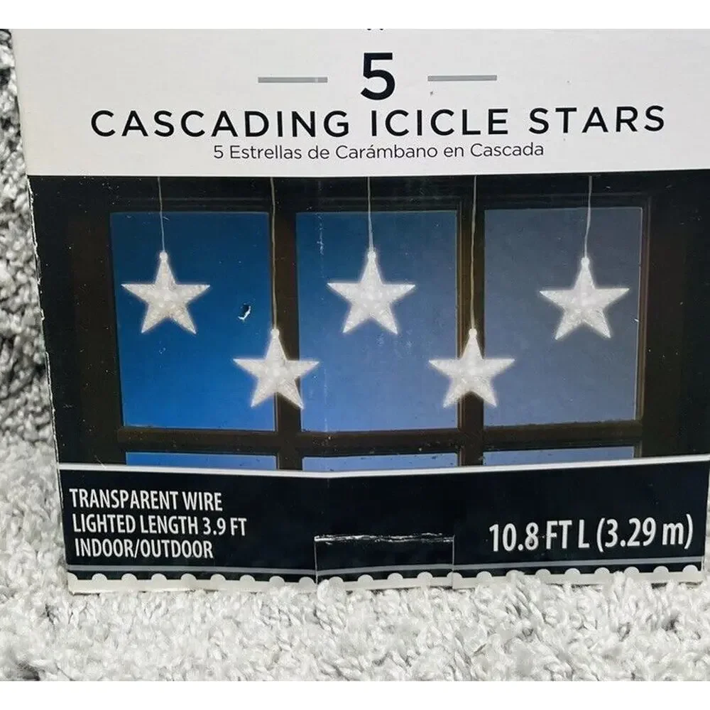 Holiday Time 5 Cascading Icicle Stars Transparent Wire Indoor Outdoor Use